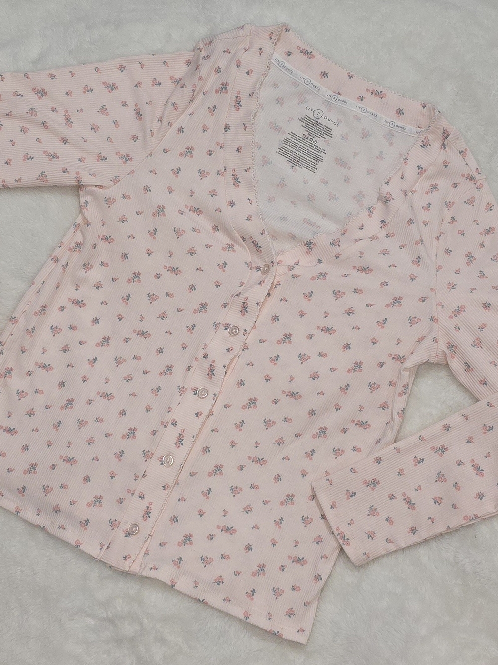 Live 2 Lounge Floral Ribbed Cardigan Pajama Top Pink Lace Trim Women’s Size S